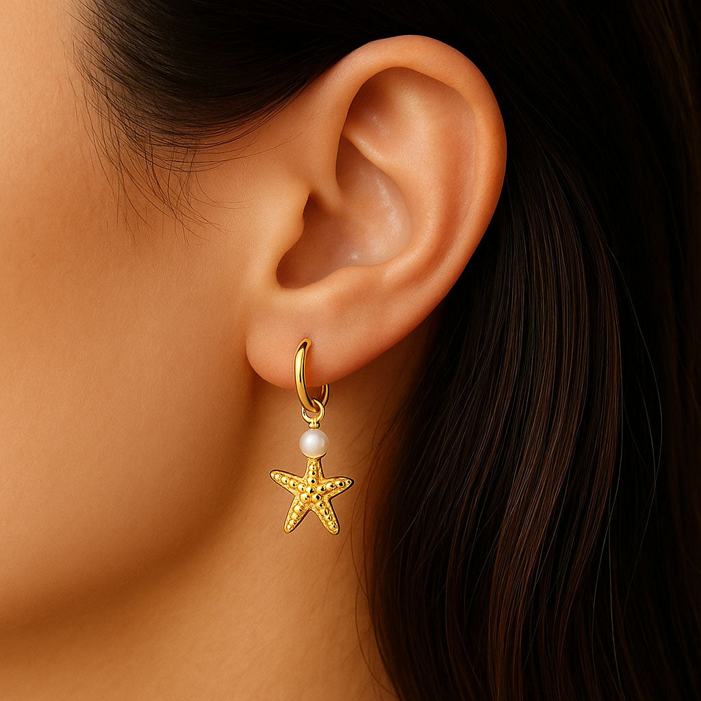 Boucles d'Oreilles Star Pearl - Créoles acier inoxydable - Couleur or