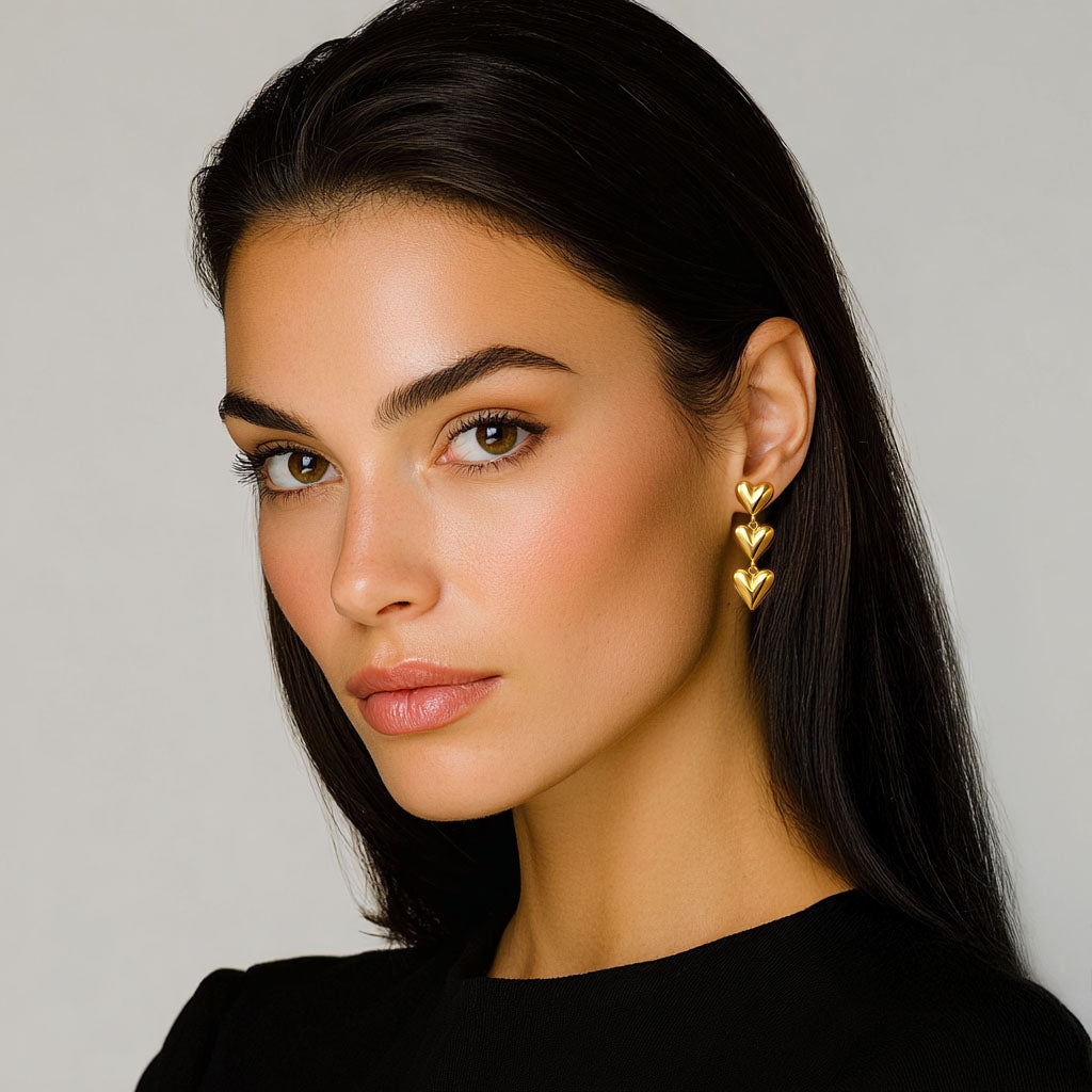 Boucles d'Oreilles Triple Heart - Acier inoxydable - Couleur or