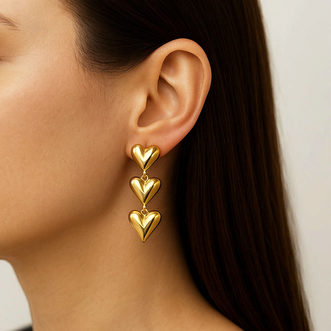 Boucles d'Oreilles Triple Heart - Acier inoxydable - Couleur or