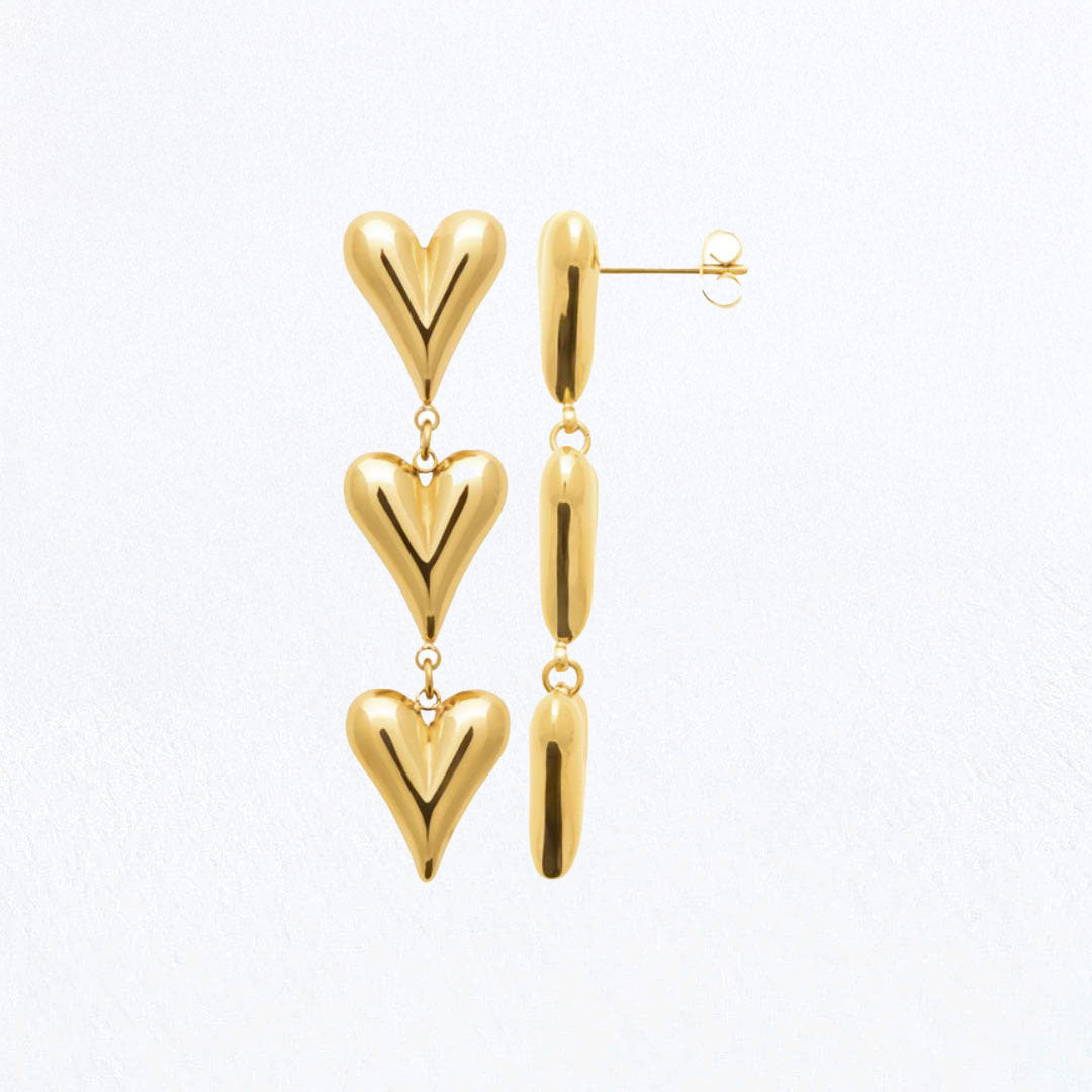 Boucles d'Oreilles Triple Heart - Acier inoxydable - Couleur or