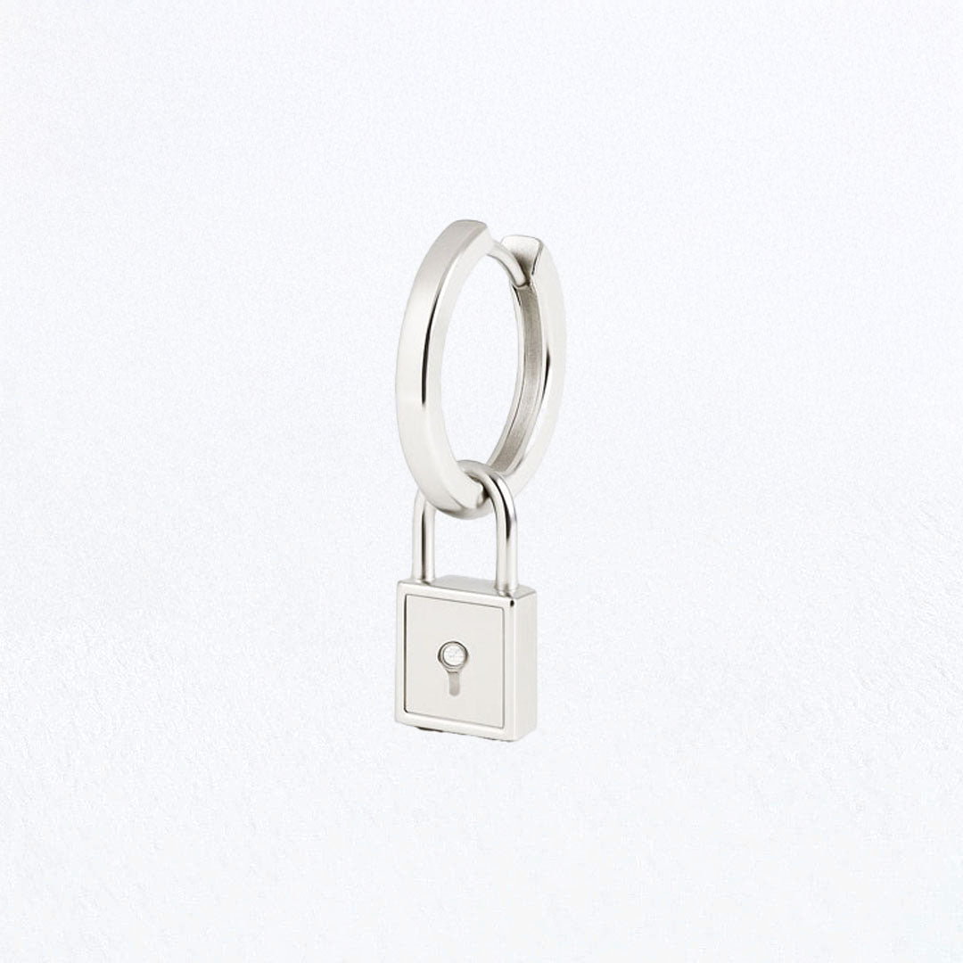 Boucle d'Oreille Individuelle Cadenas - The Secret - Créole Argent 925 Rhodié et Zirconium - 1,2 cm