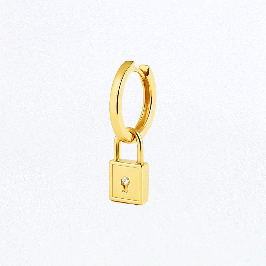 Boucle d'Oreille Individuelle Cadenas - The Secret - Créole Plaqué Or 18K et Zirconium - 1,2 cm