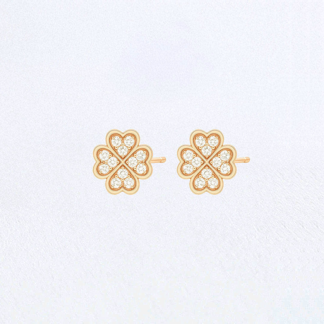 Boucle d'oreille trefle 4 feuilles puce plaqué or 18 zirconium Lucky Me Bellaime