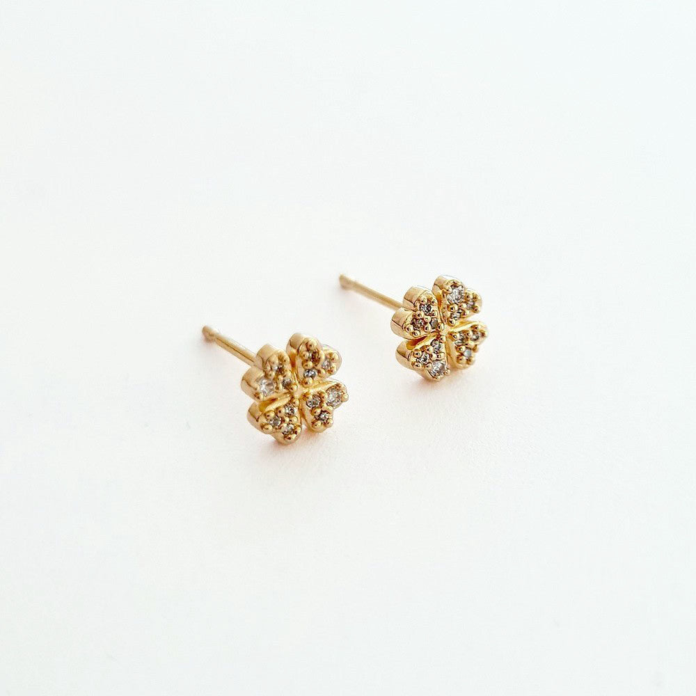 Boucle d'oreille trefle 4 feuilles puce plaqué or 18 zirconium Lucky Me Bellaime 3