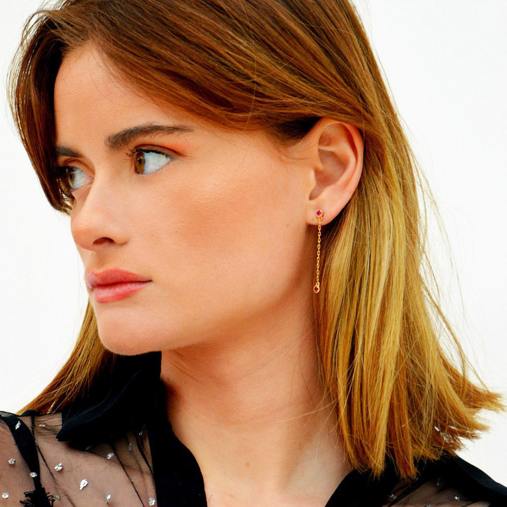 Boucles d'oreilles pendantes rose plaqué or 18K zirconium Pamela Bellaime 3