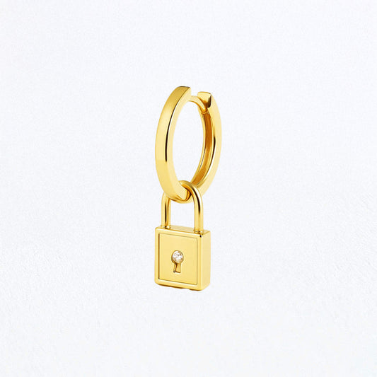 Boucle d'Oreille Individuelle Cadenas - The Secret - Créole Plaqué Or 18K et Zirconium - 1,2 cm