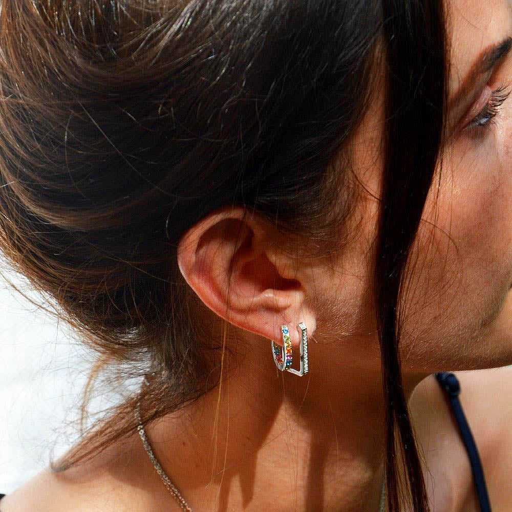 Boucle d'oreille rectangulaire creole argent 925 zirconium 2 cm Strike the Pose Bellaime 4